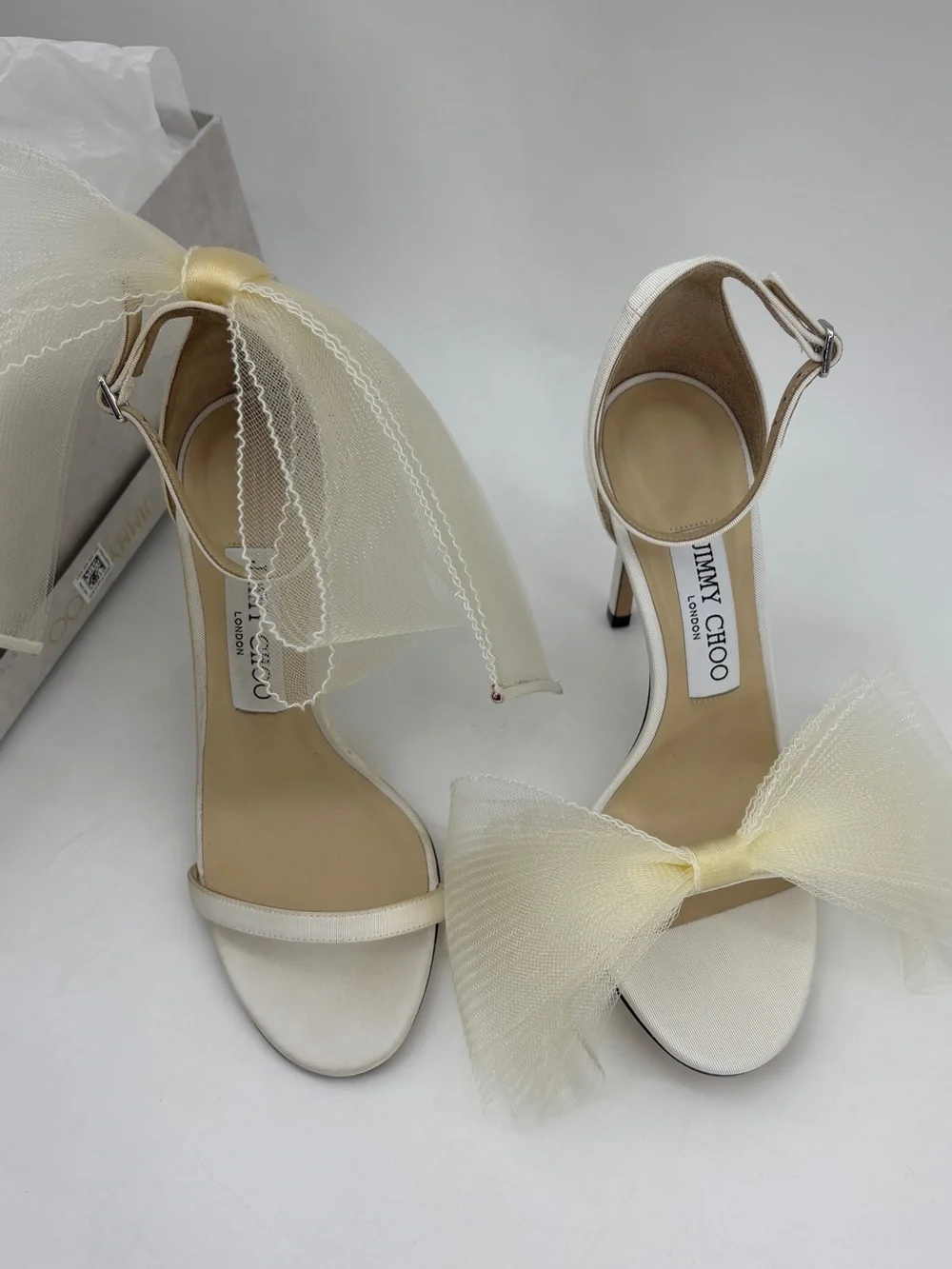 Jimmy Choo Aveline 100 Latte Sandals with Asymmetric Grosgrain Mesh Bows 37/US7